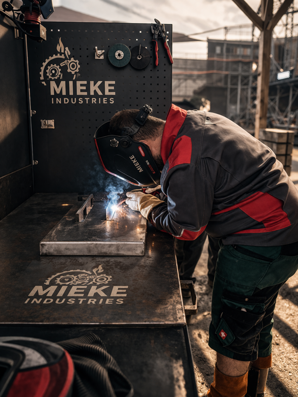 Workshop scene with a person welding at a Mieke Industries workstation.